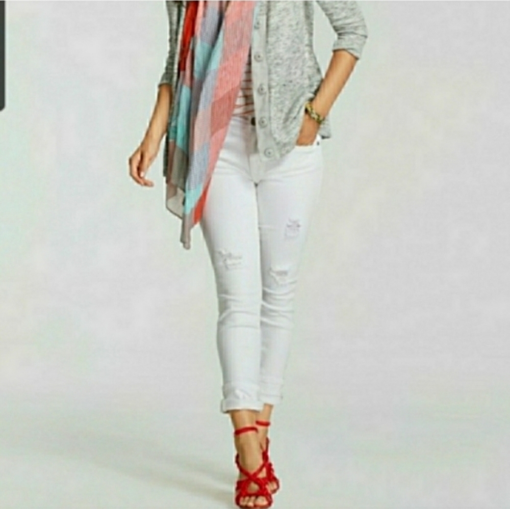 CAbi Distressed White Stretch HighRise Slim Jeans